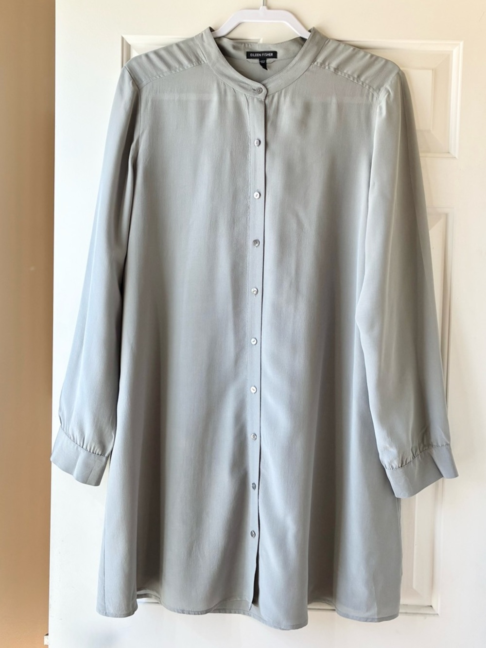 Eileen Fisher Silk Crepe Band Collar Shirt Tunic Long Sleeve Light Gray Size L